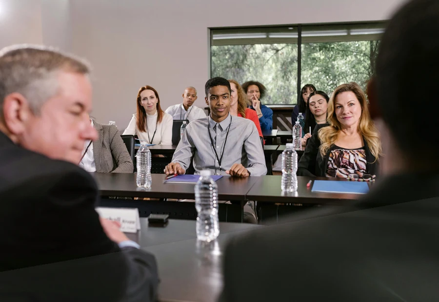 Professional team reviewing meeting details
